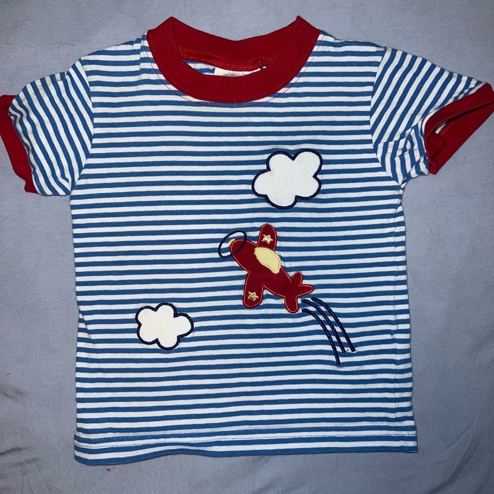 Little English Blue and Red Striped Tee with Airplane
